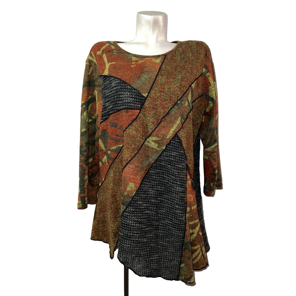 Multiples Womens 1X Rust Green Mixed Print Exposed Seams Retro Soft Tunic Top